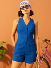 Women Blue Poplin Vest Top With Shorts