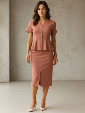 Rust Peplum Top With Midi Slit Skirt-SASSAFRAS worklyf