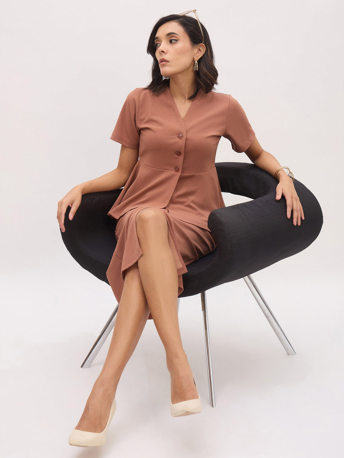 Rust Peplum Top With Midi Slit Skirt-SASSAFRAS worklyf