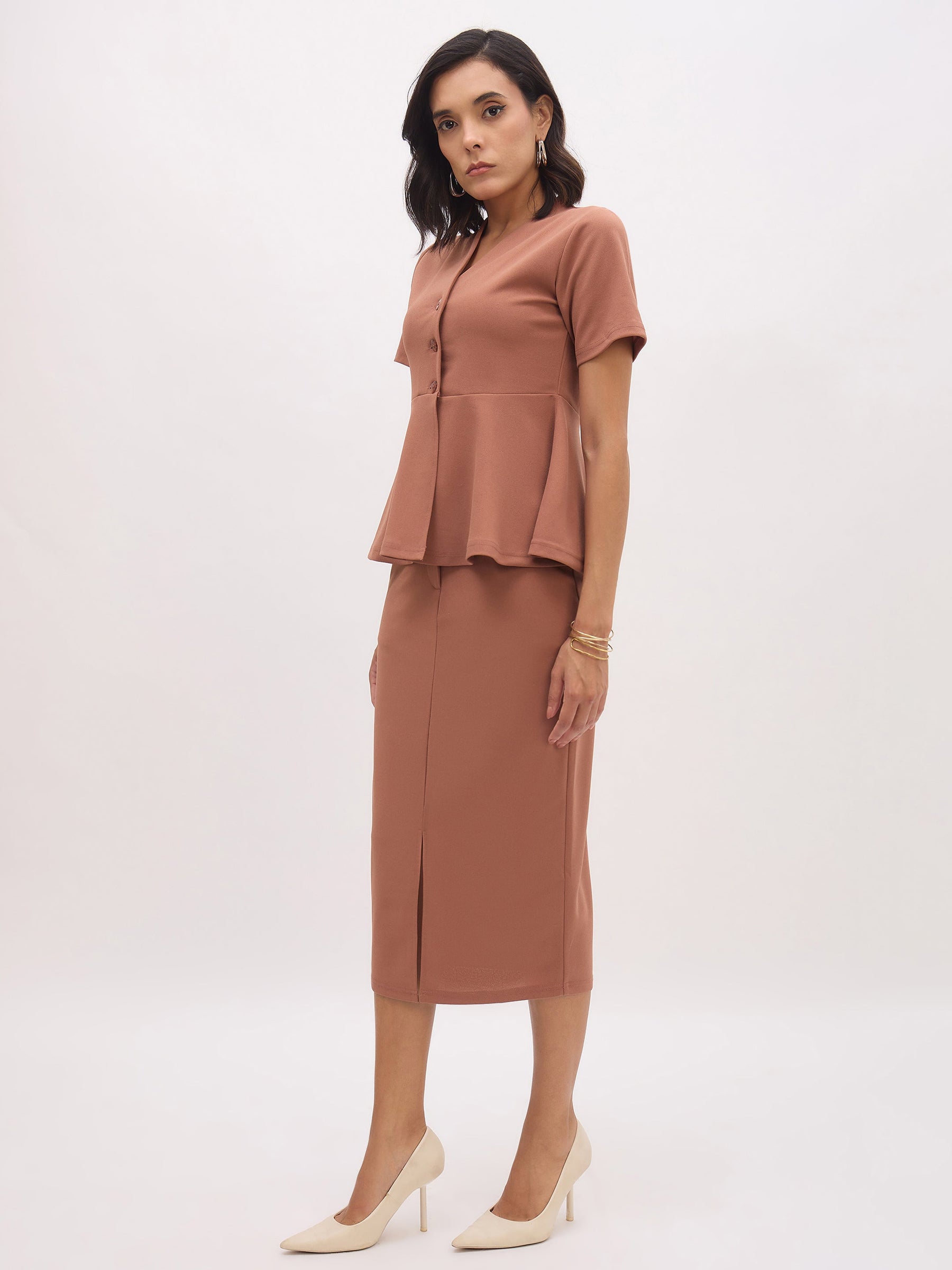 Rust Peplum Top With Midi Slit Skirt-SASSAFRAS worklyf
