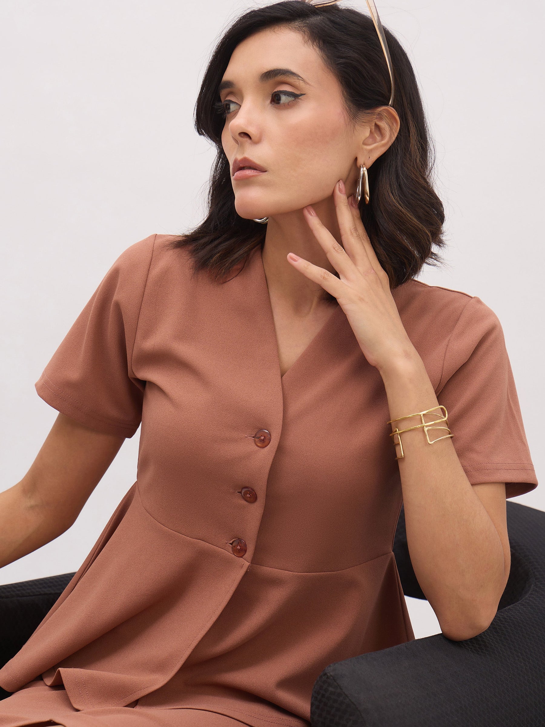 Rust Peplum Top With Midi Slit Skirt-SASSAFRAS worklyf