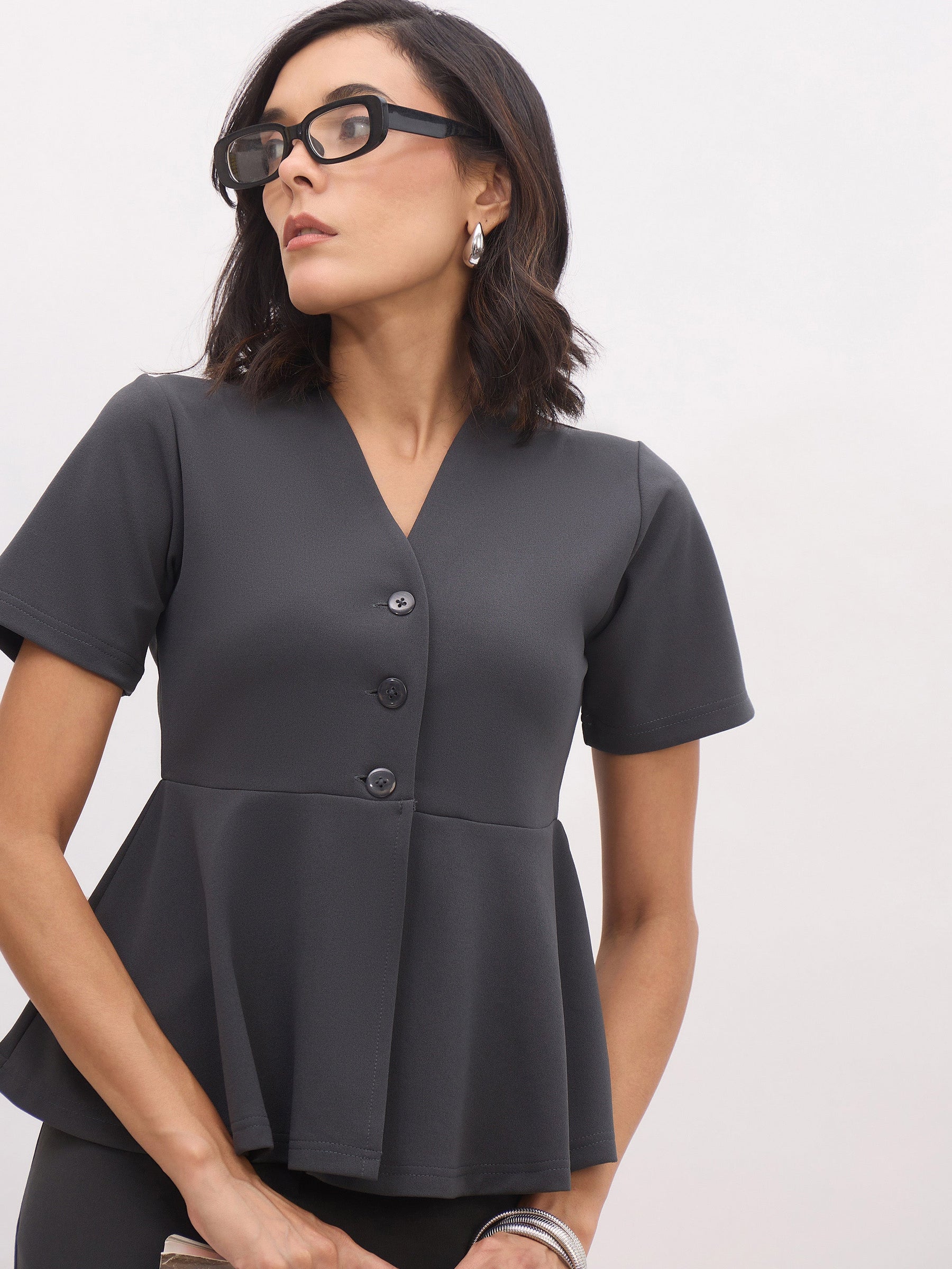 Grey Peplum Top With Midi Slit Skirt-SASSAFRAS worklyf
