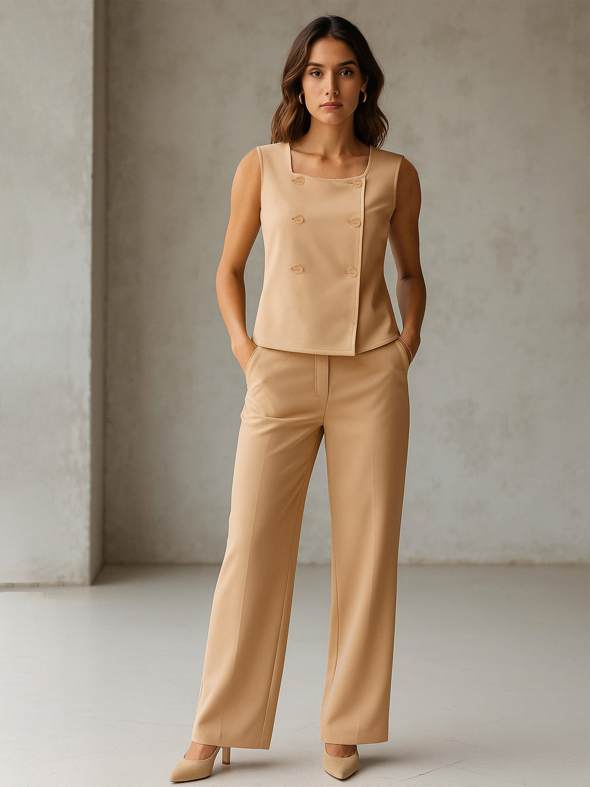 Beige Sleeveless Button Top With Straight Pants-SASSAFRAS worklyf