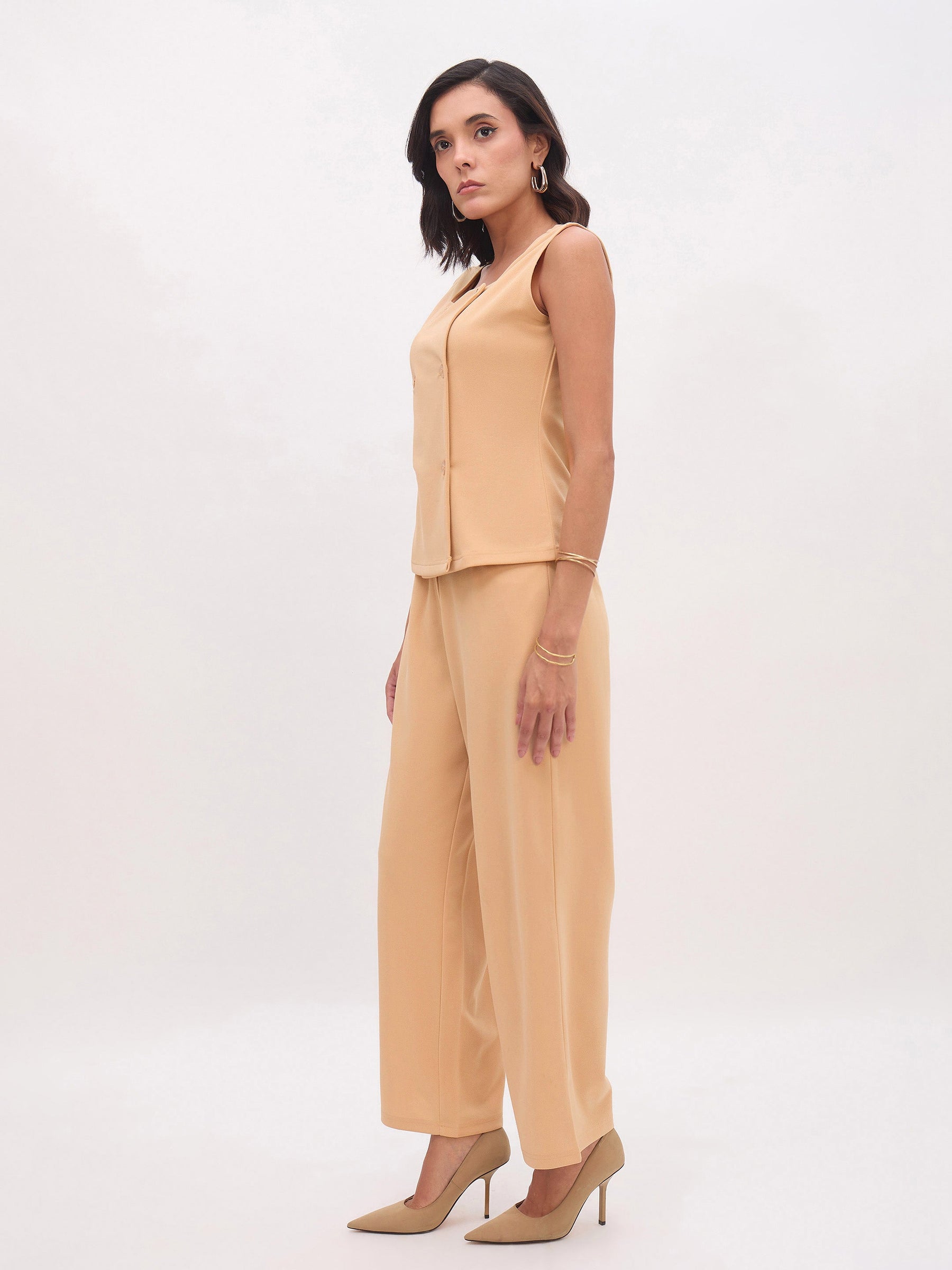 Beige Sleeveless Button Top With Straight Pants-SASSAFRAS worklyf