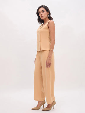 Beige Sleeveless Button Top With Straight Pants-SASSAFRAS worklyf