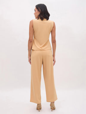 Beige Sleeveless Button Top With Straight Pants-SASSAFRAS worklyf