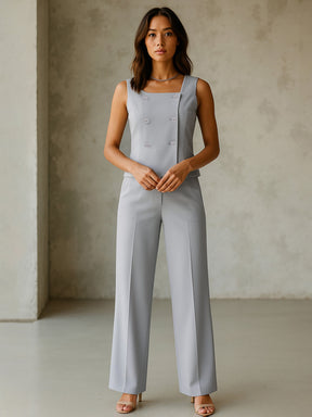 Grey Sleeveless Button Top With Straight Pants-SASSAFRAS worklyf