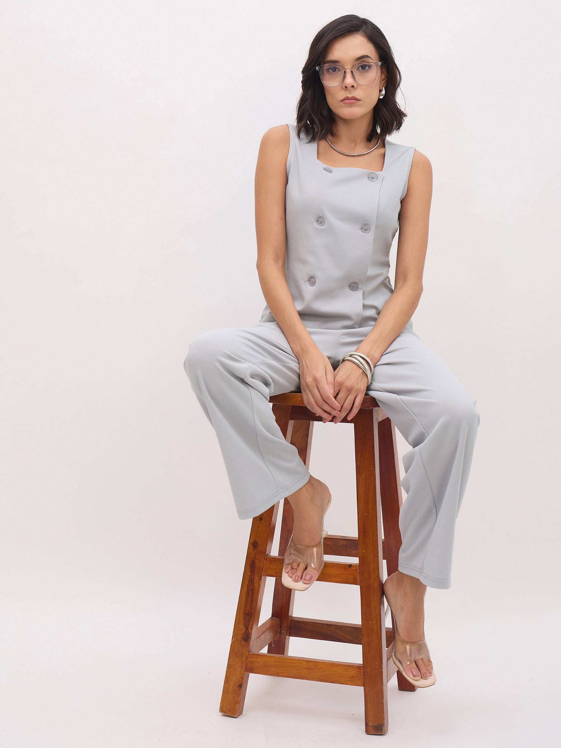 Grey Sleeveless Button Top With Straight Pants-SASSAFRAS worklyf