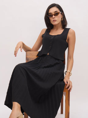 Black Sleeveless Waistcoat With Midi Skirt-SASSAFRAS worklyf