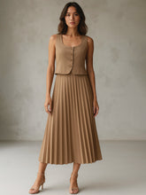 Dark Beige Sleeveless Waistcoat With Midi Skirt-SASSAFRAS worklyf