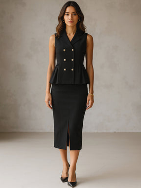 Black Sleeveless Notched Button Top With Skirt-SASSAFRAS worklyf