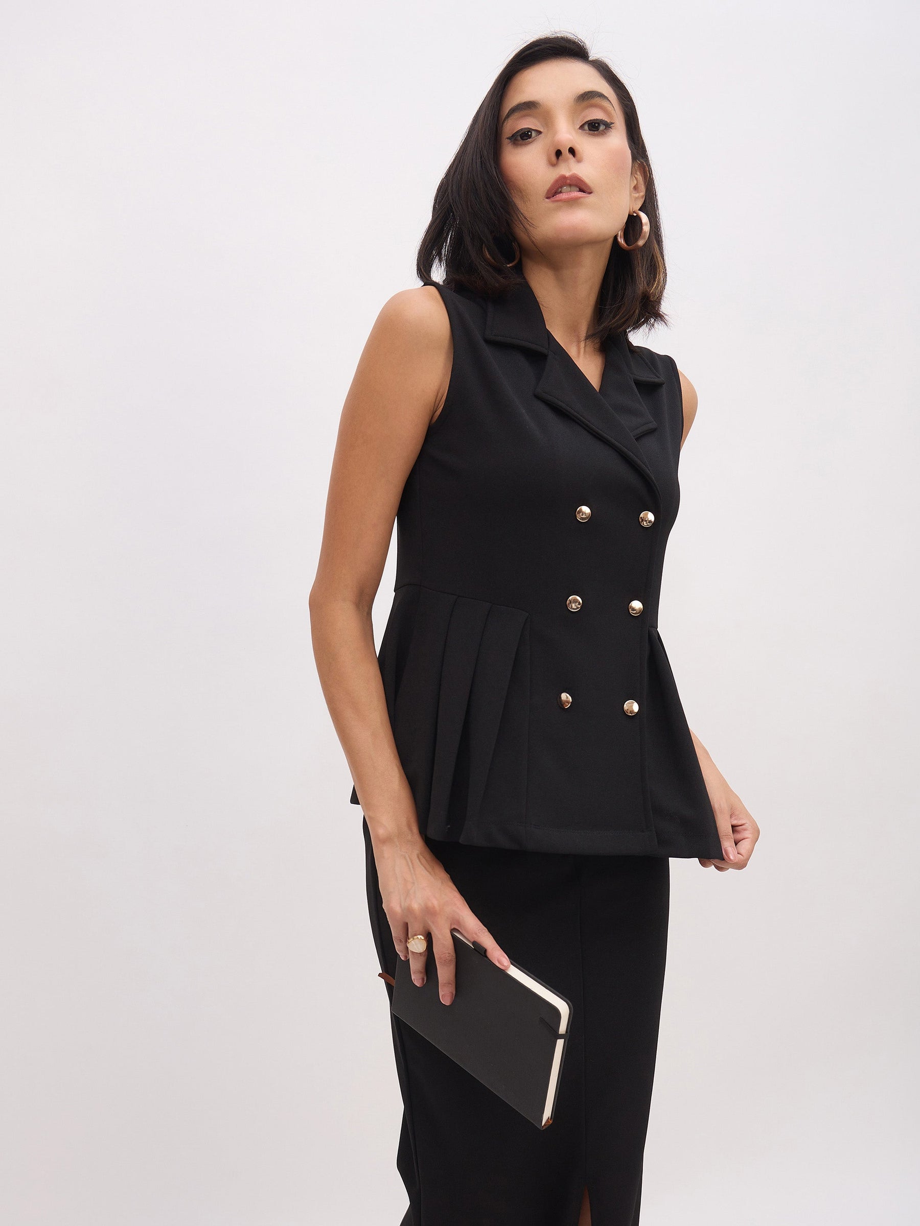 Black Sleeveless Notched Button Top With Skirt-SASSAFRAS worklyf