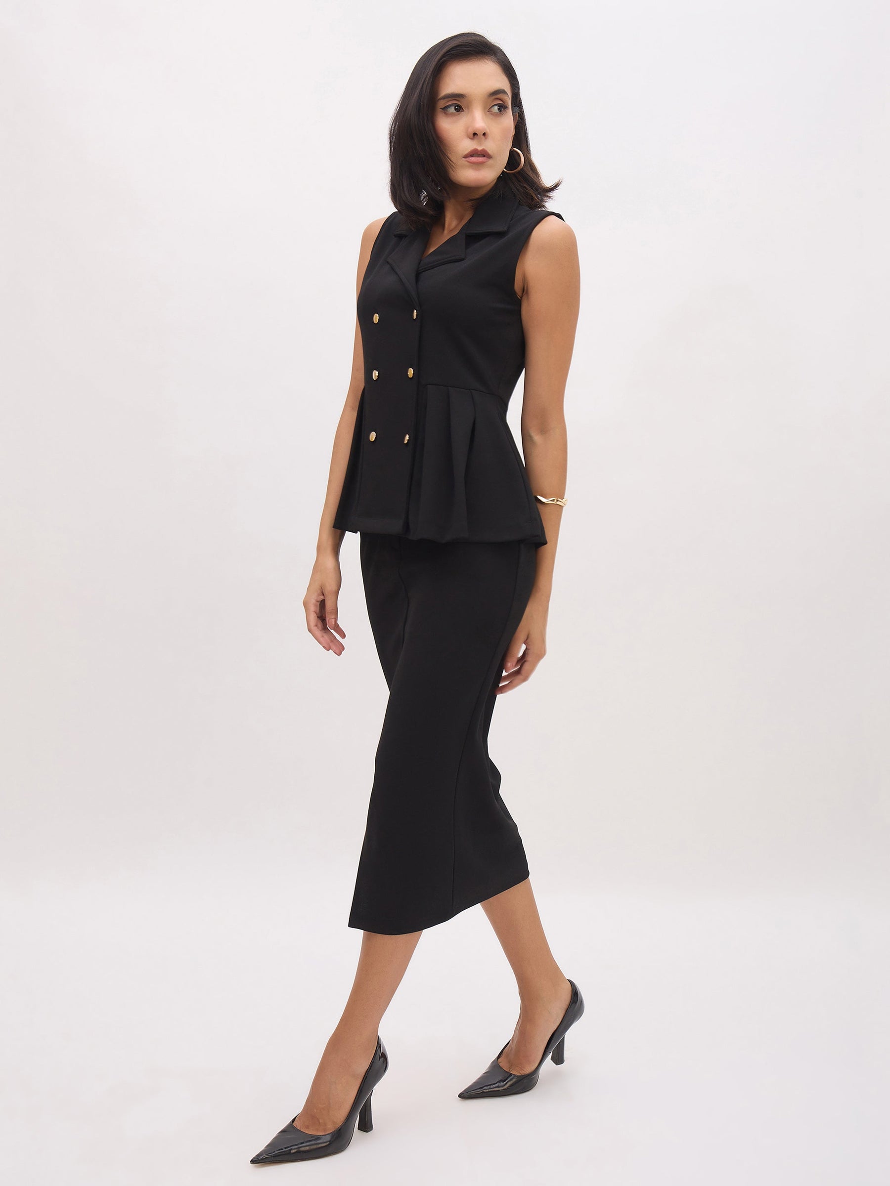 Black Sleeveless Notched Button Top With Skirt-SASSAFRAS worklyf