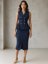 Blue Sleeveless Notched Button Top With Skirt-SASSAFRAS worklyf