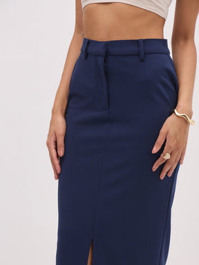 Blue Sleeveless Notched Button Top With Skirt-SASSAFRAS worklyf