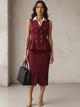 Burgundy Sleeveless Notched Button Top With Skirt-SASSAFRAS worklyf
