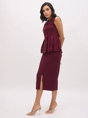 Burgundy Sleeveless Notched Button Top With Skirt-SASSAFRAS worklyf