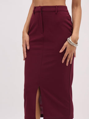 Burgundy Sleeveless Notched Button Top With Skirt-SASSAFRAS worklyf