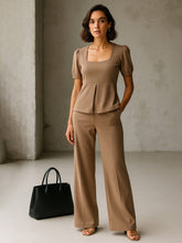 Beige Front Slit Top With Straight Pants-SASSAFRAS worklyf