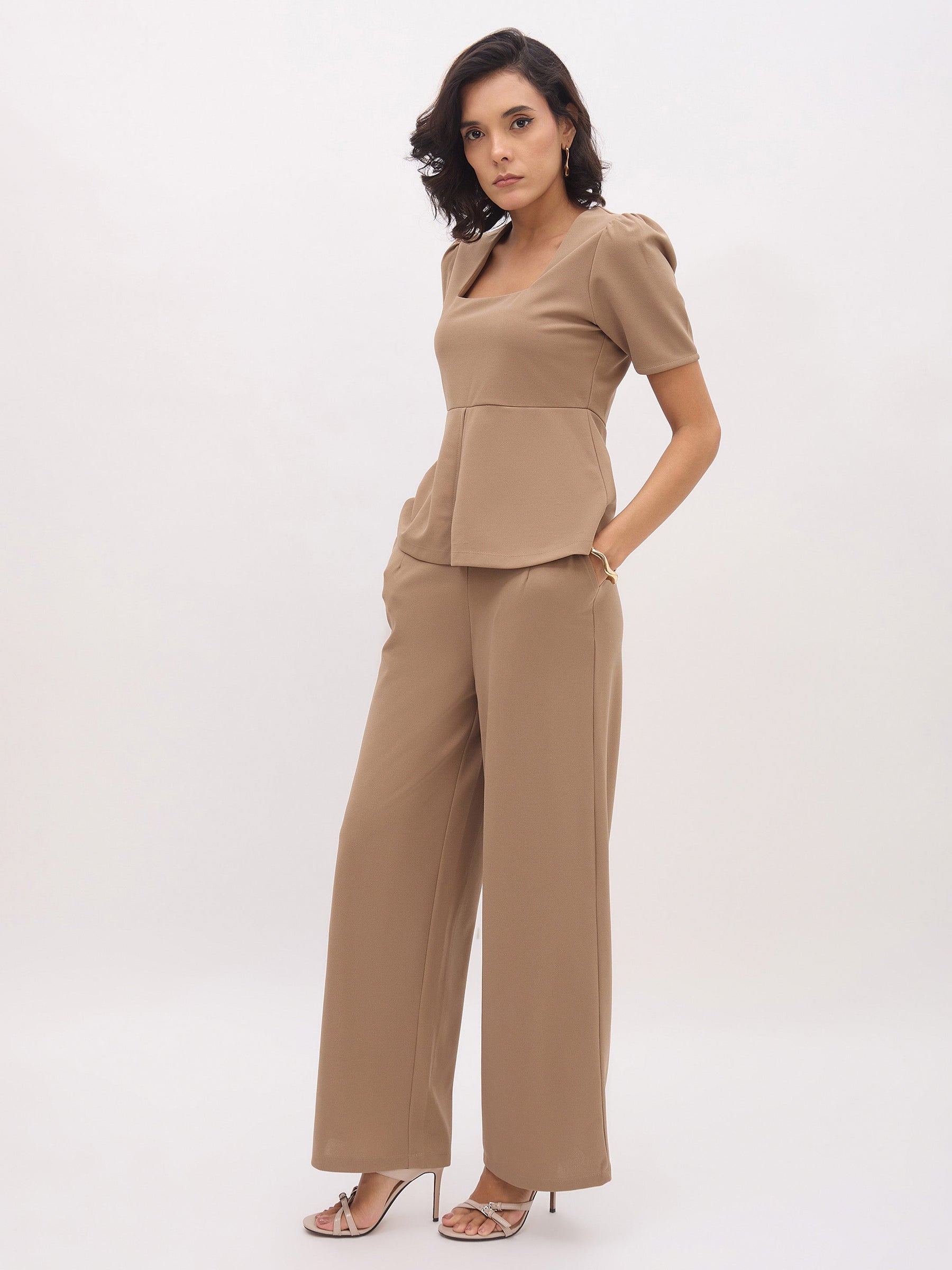 Beige Front Slit Top With Straight Pants-SASSAFRAS worklyf