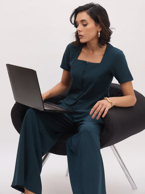 Emerald Green Button Top With Cross Pocket Pants-SASSAFRAS worklyf
