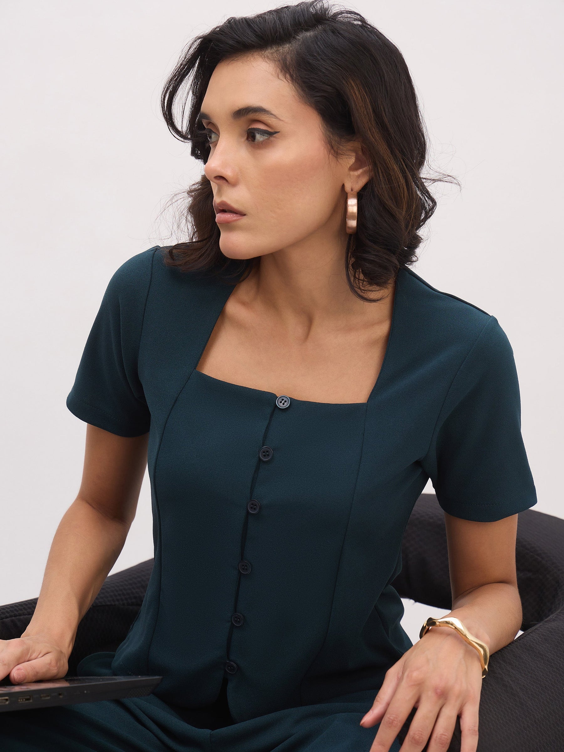 Emerald Green Button Top With Cross Pocket Pants-SASSAFRAS worklyf