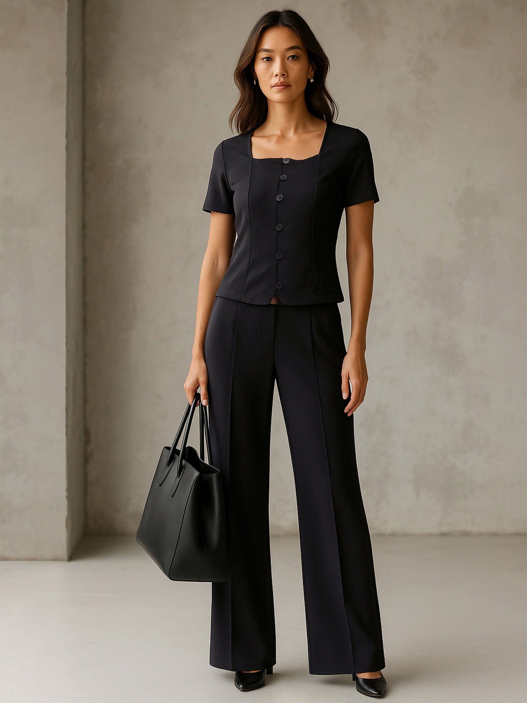 Black Button Top With Cross Pocket Pants-SASSAFRAS worklyf