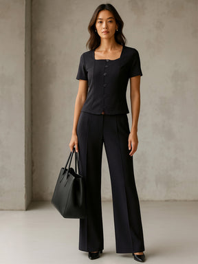 Black Button Top With Cross Pocket Pants-SASSAFRAS worklyf