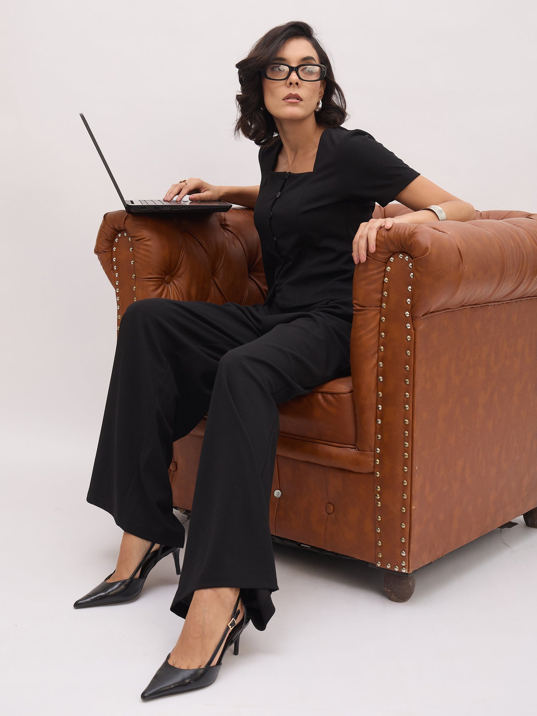 Black Button Top With Cross Pocket Pants-SASSAFRAS worklyf