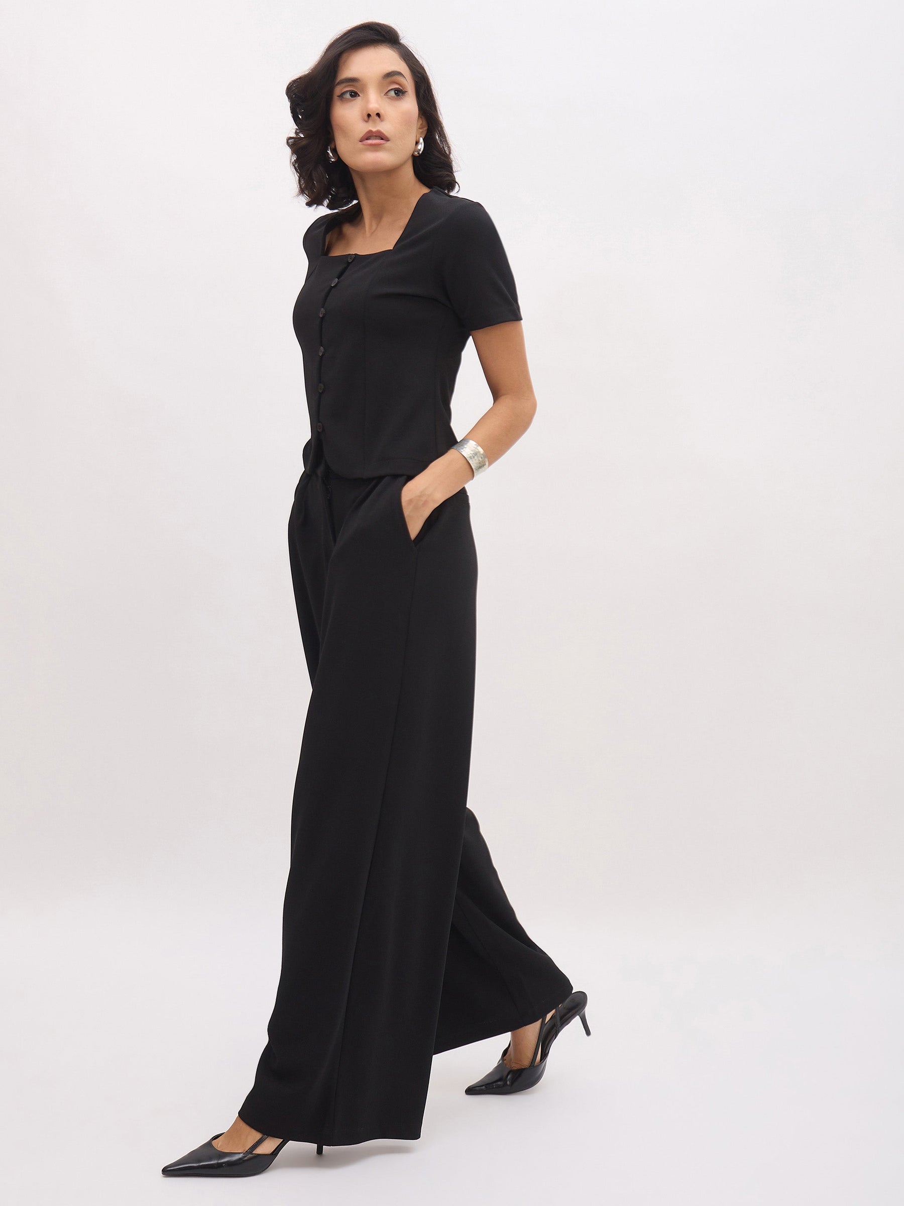 Black Button Top With Cross Pocket Pants-SASSAFRAS worklyf
