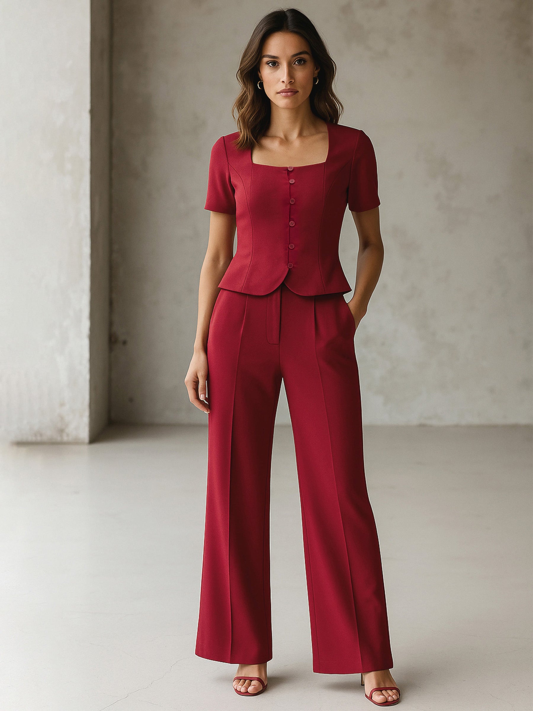 Maroon Button Top With Cross Pocket Pants-SASSAFRAS worklyf
