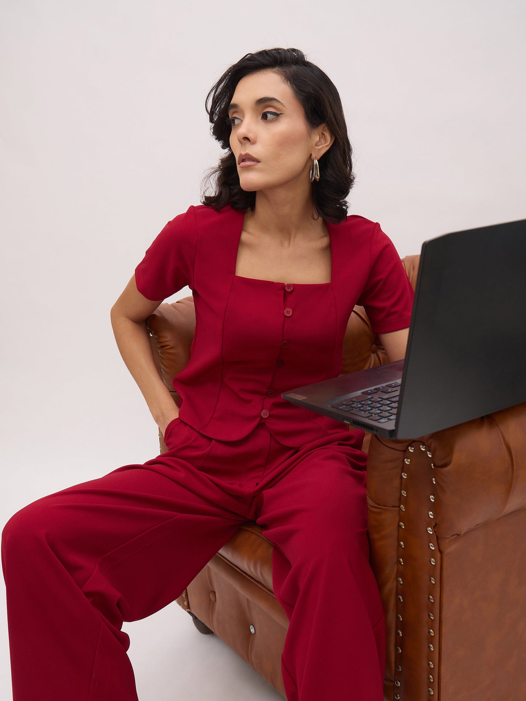 Maroon Button Top With Cross Pocket Pants-SASSAFRAS worklyf