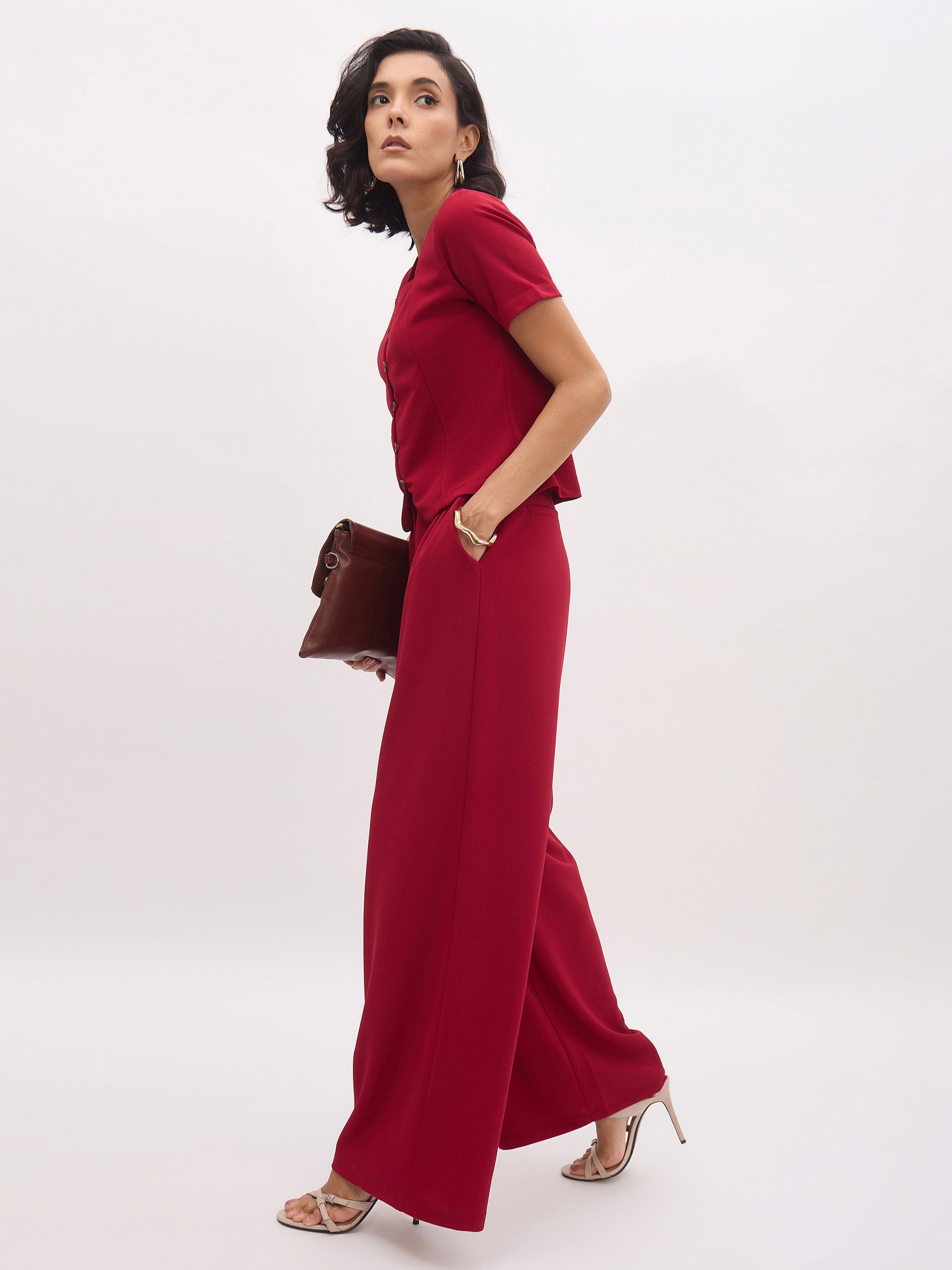 Maroon Button Top With Cross Pocket Pants-SASSAFRAS worklyf