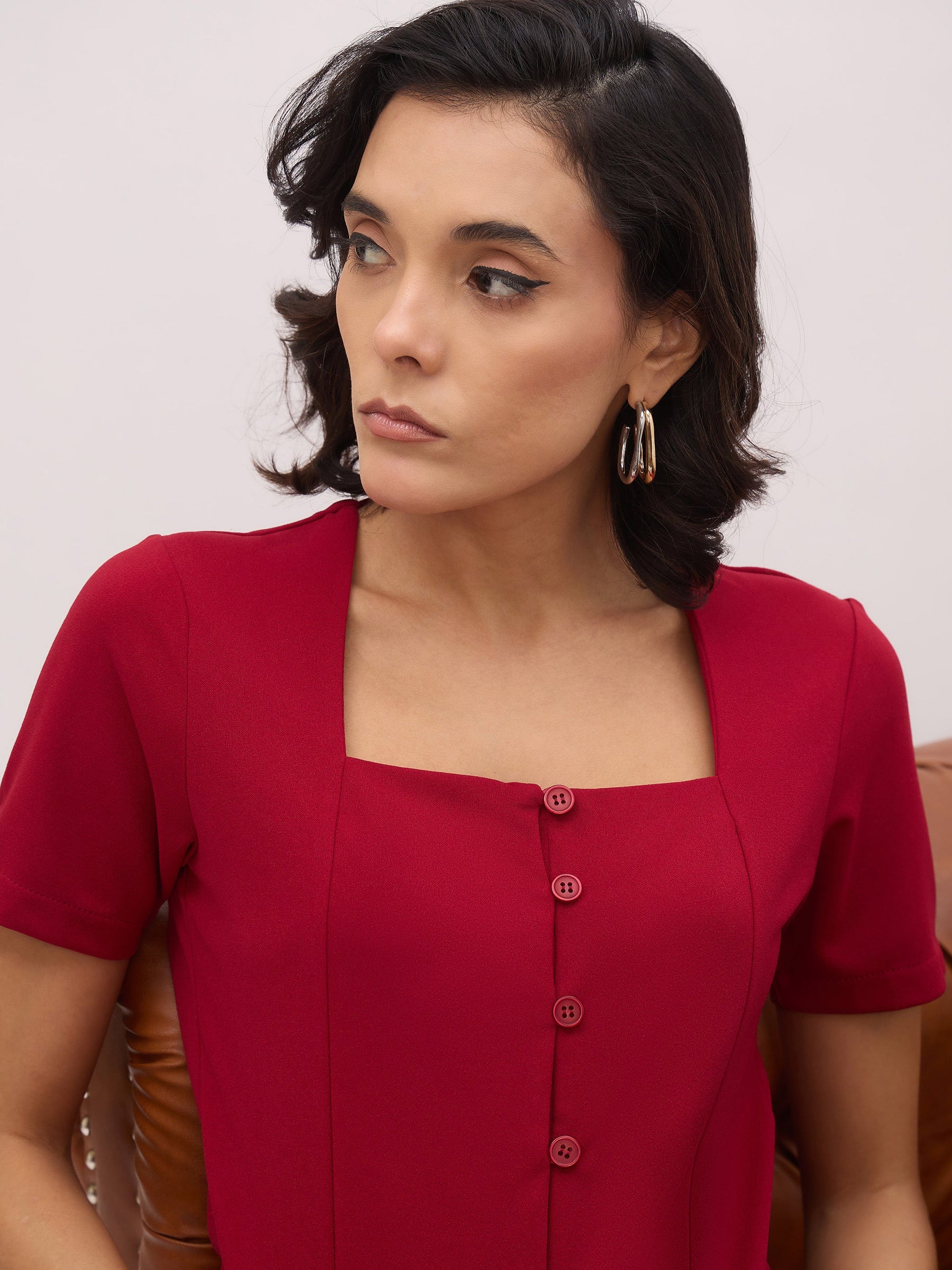 Maroon Button Top With Cross Pocket Pants-SASSAFRAS worklyf