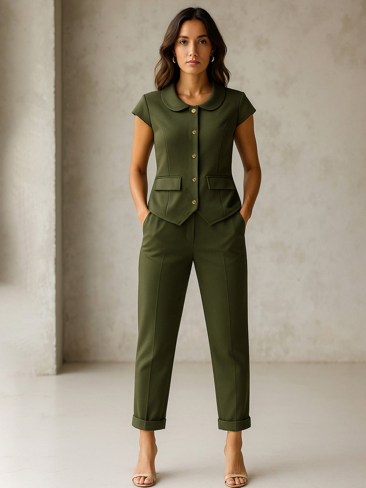 Olive PeterPan Cap Sleeve Button Top With Trousers-SASSAFRAS worklyf