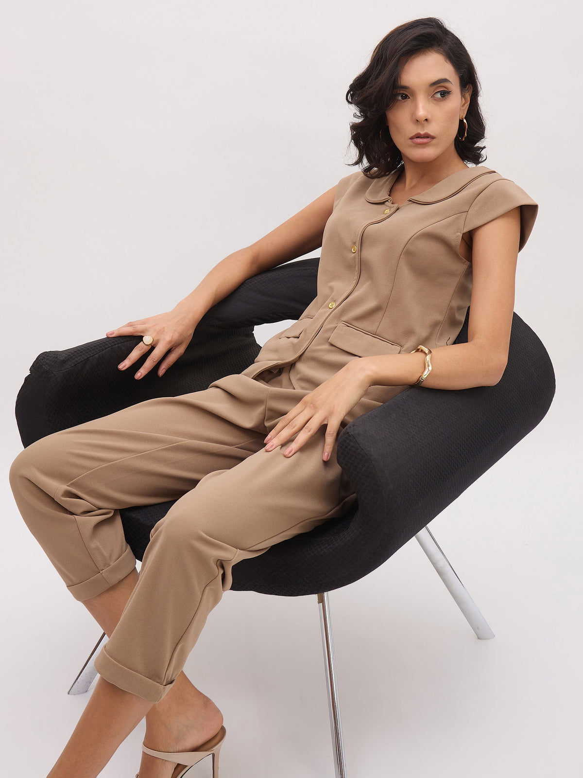 Beige PeterPan Cap Sleeve Button Top With Trousers-SASSAFRAS worklyf