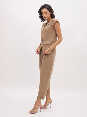 Beige PeterPan Cap Sleeve Button Top With Trousers-SASSAFRAS worklyf