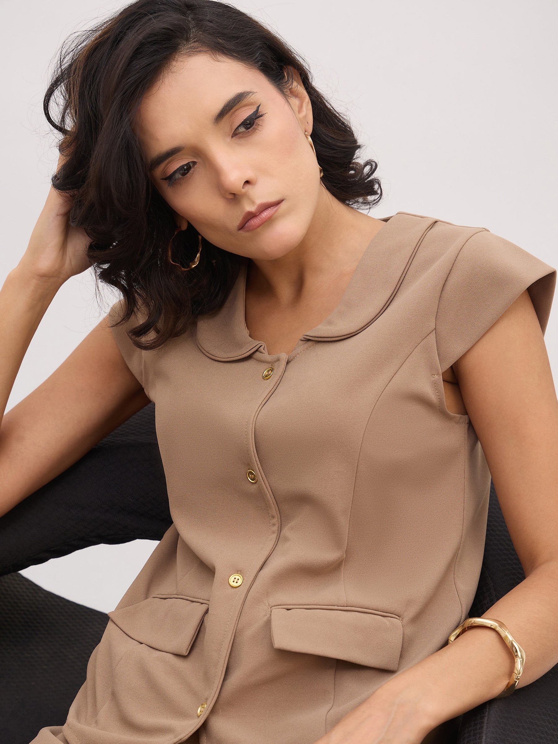 Beige PeterPan Cap Sleeve Button Top With Trousers-SASSAFRAS worklyf
