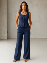 Blue Rhombus Neck Top With Cross Pocket Pants-SASSAFRAS worklyf