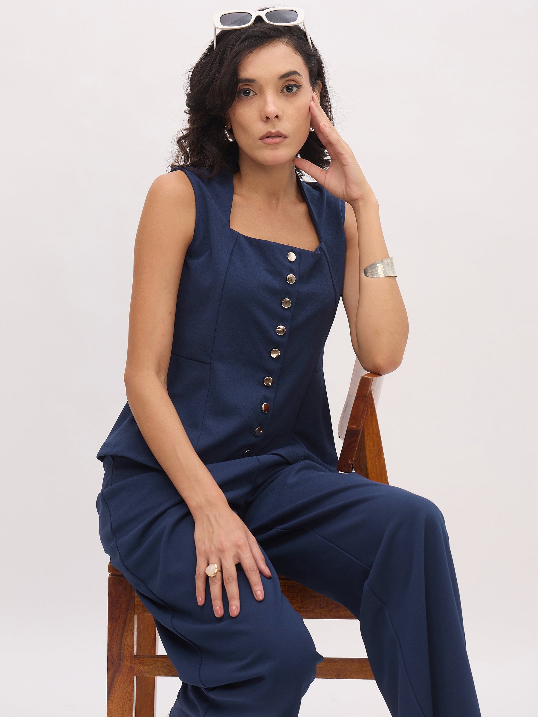 Blue Rhombus Neck Top With Cross Pocket Pants-SASSAFRAS worklyf