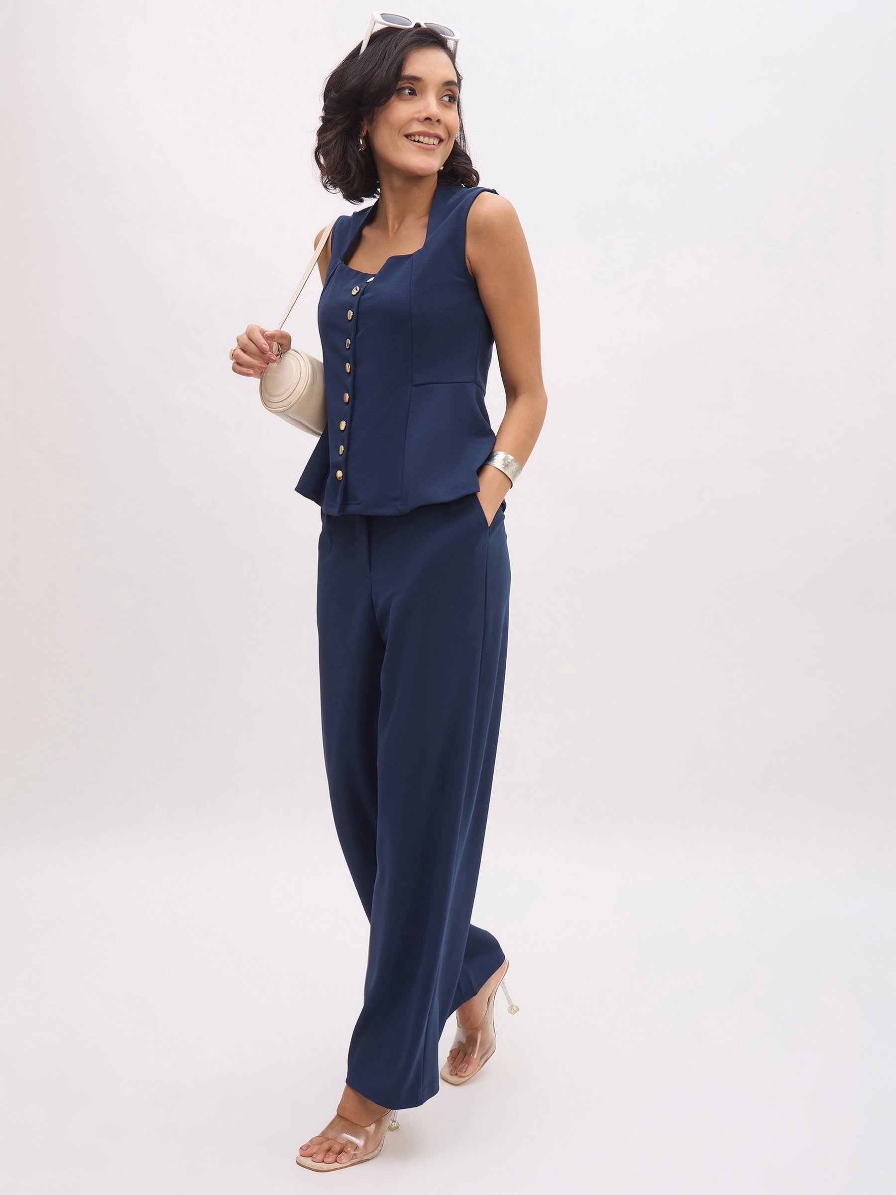 Blue Rhombus Neck Top With Cross Pocket Pants-SASSAFRAS worklyf