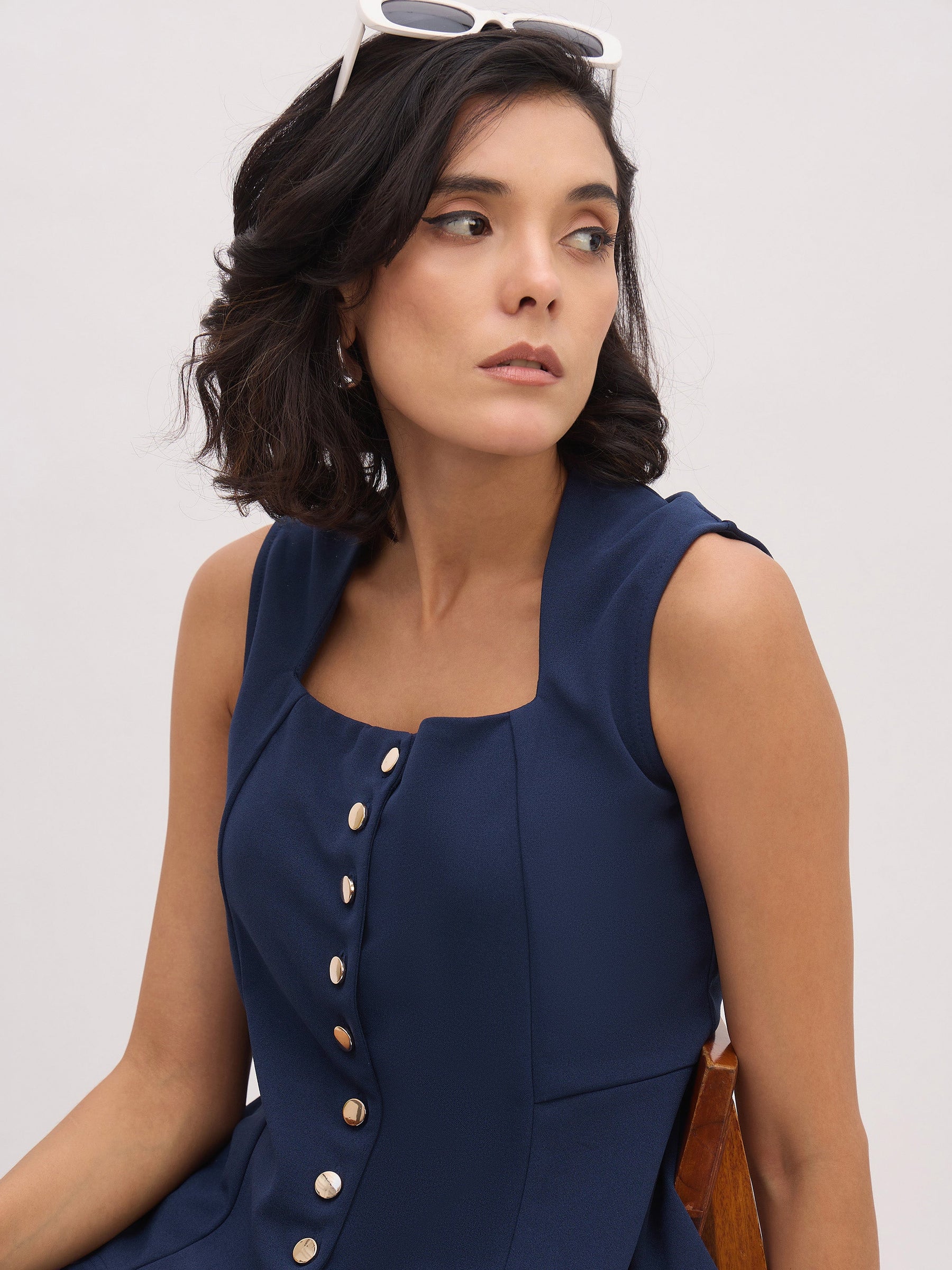 Blue Rhombus Neck Top With Cross Pocket Pants-SASSAFRAS worklyf