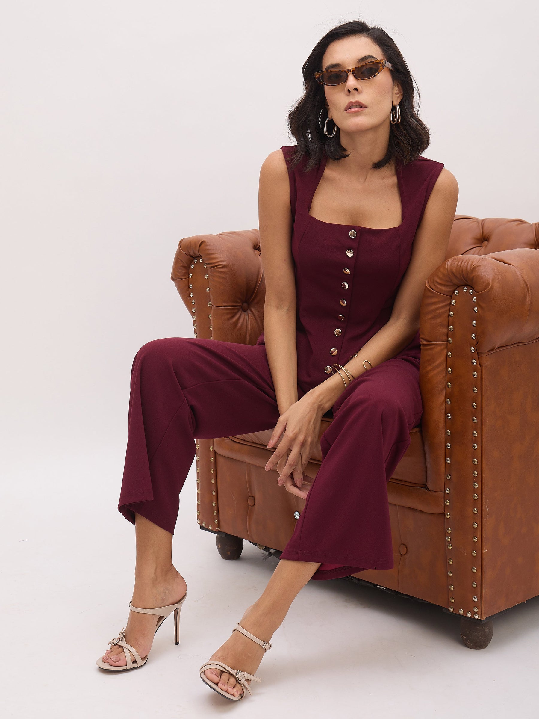 Burgundy Rhombus Neck Top With Cross Pocket Pants-SASSAFRAS worklyf