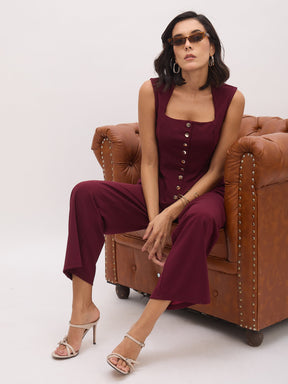 Burgundy Rhombus Neck Top With Cross Pocket Pants-SASSAFRAS worklyf