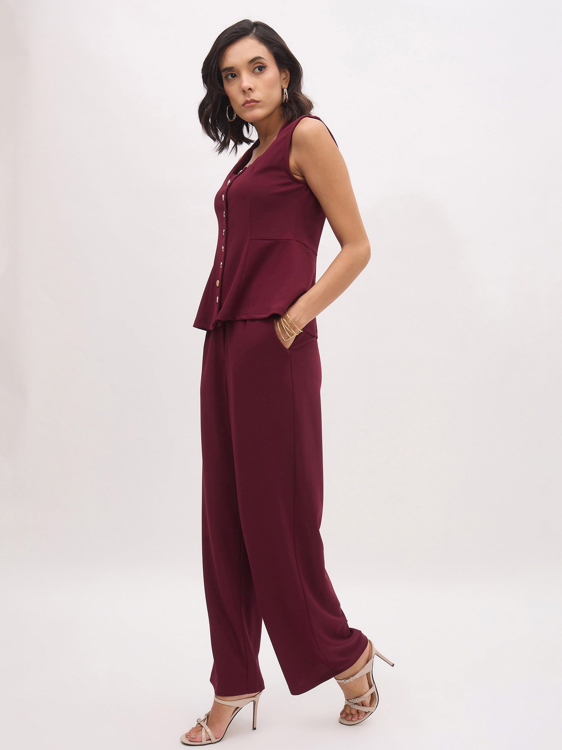 Burgundy Rhombus Neck Top With Cross Pocket Pants-SASSAFRAS worklyf