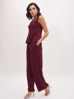 Burgundy Rhombus Neck Top With Cross Pocket Pants-SASSAFRAS worklyf