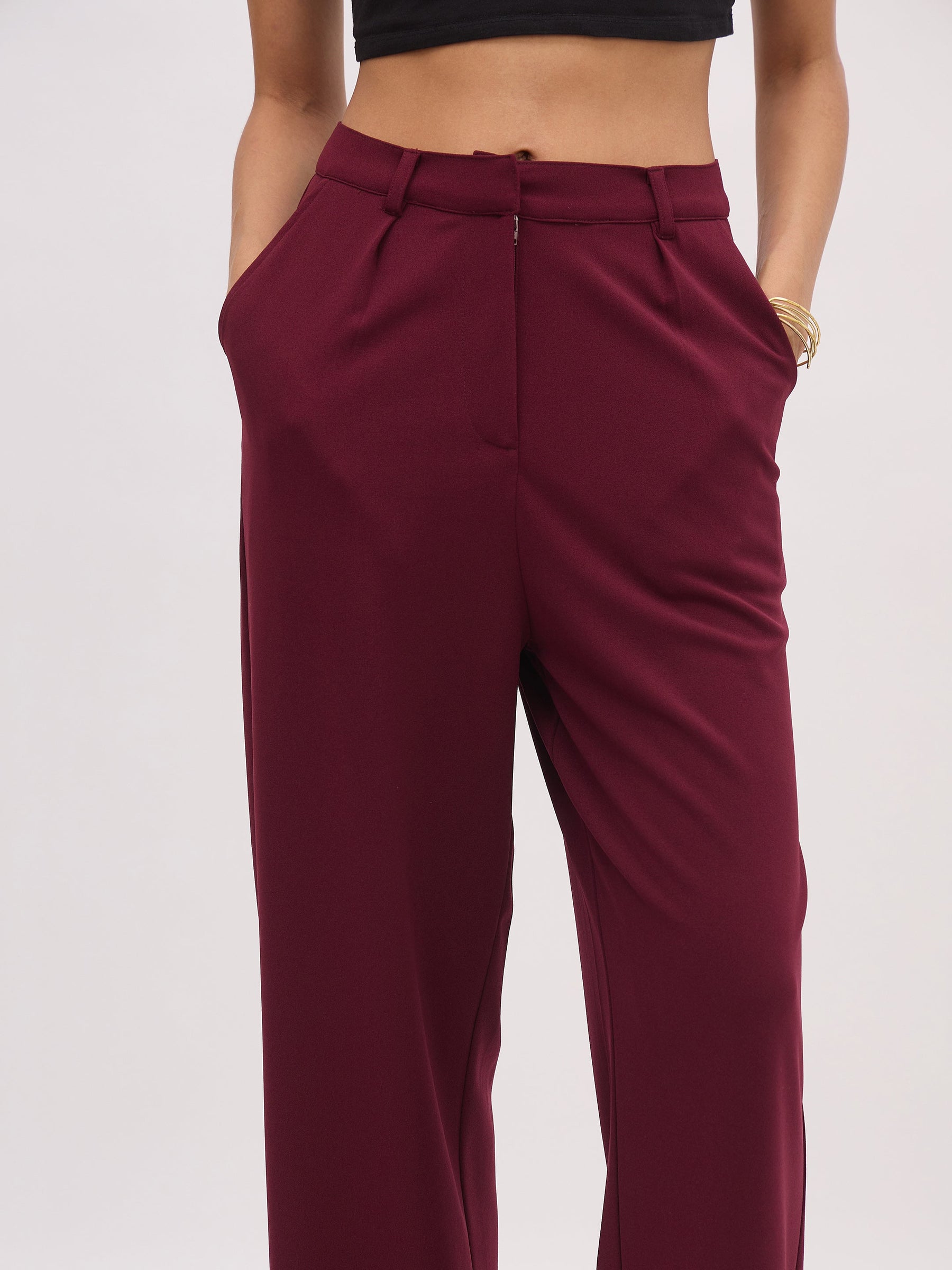 Burgundy Rhombus Neck Top With Cross Pocket Pants-SASSAFRAS worklyf
