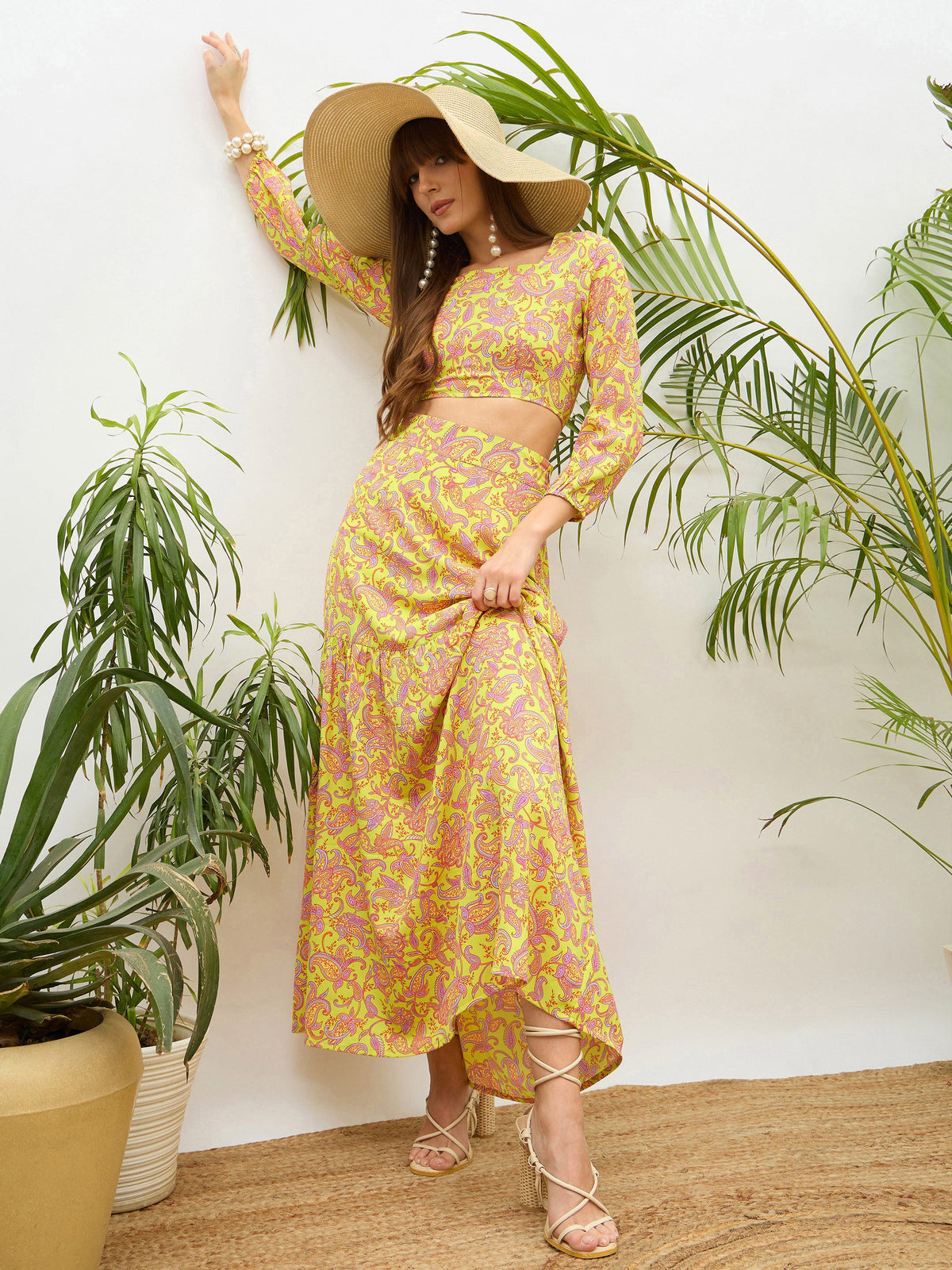 Neon Green Paisley Crop Top With Midi Skirt-SASSAFRAS