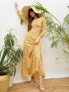 Neon Green Paisley Crop Top With Midi Skirt-SASSAFRAS