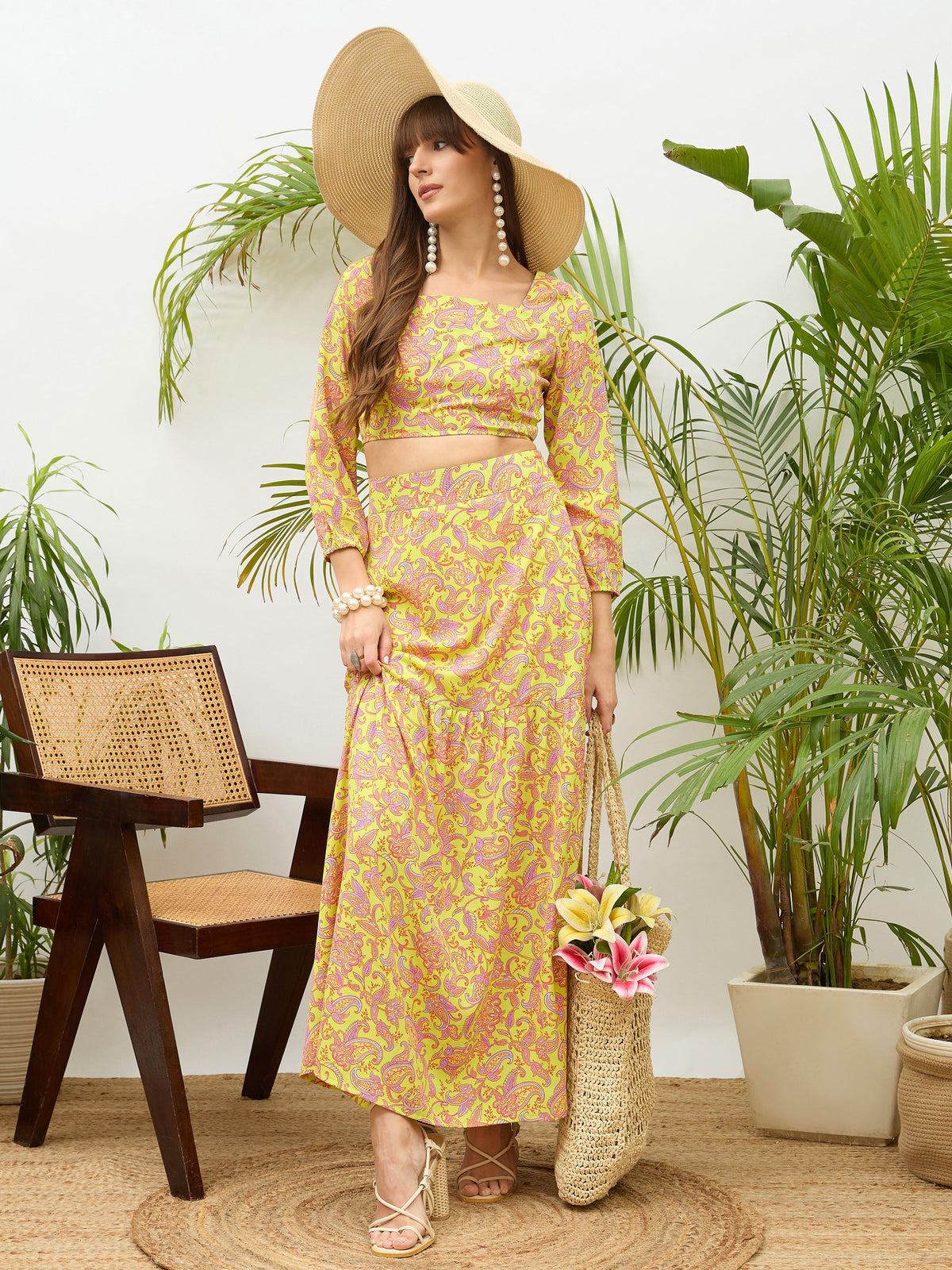 Neon Green Paisley Crop Top With Midi Skirt-SASSAFRAS